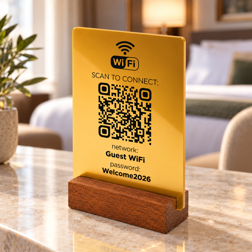 Επιτραπέζιο Wi-Fi QR stand με ξύλινη βάση