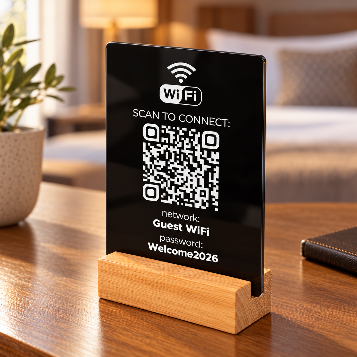 Επιτραπέζιο Wi-Fi QR stand με ξύλινη βάση