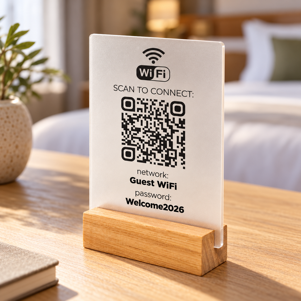 Επιτραπέζιο Wi-Fi QR stand με ξύλινη βάση