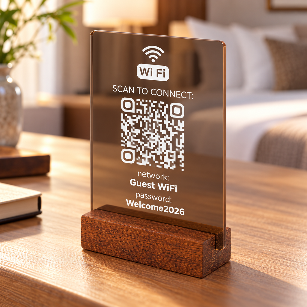 Επιτραπέζιο Wi-Fi QR stand με ξύλινη βάση
