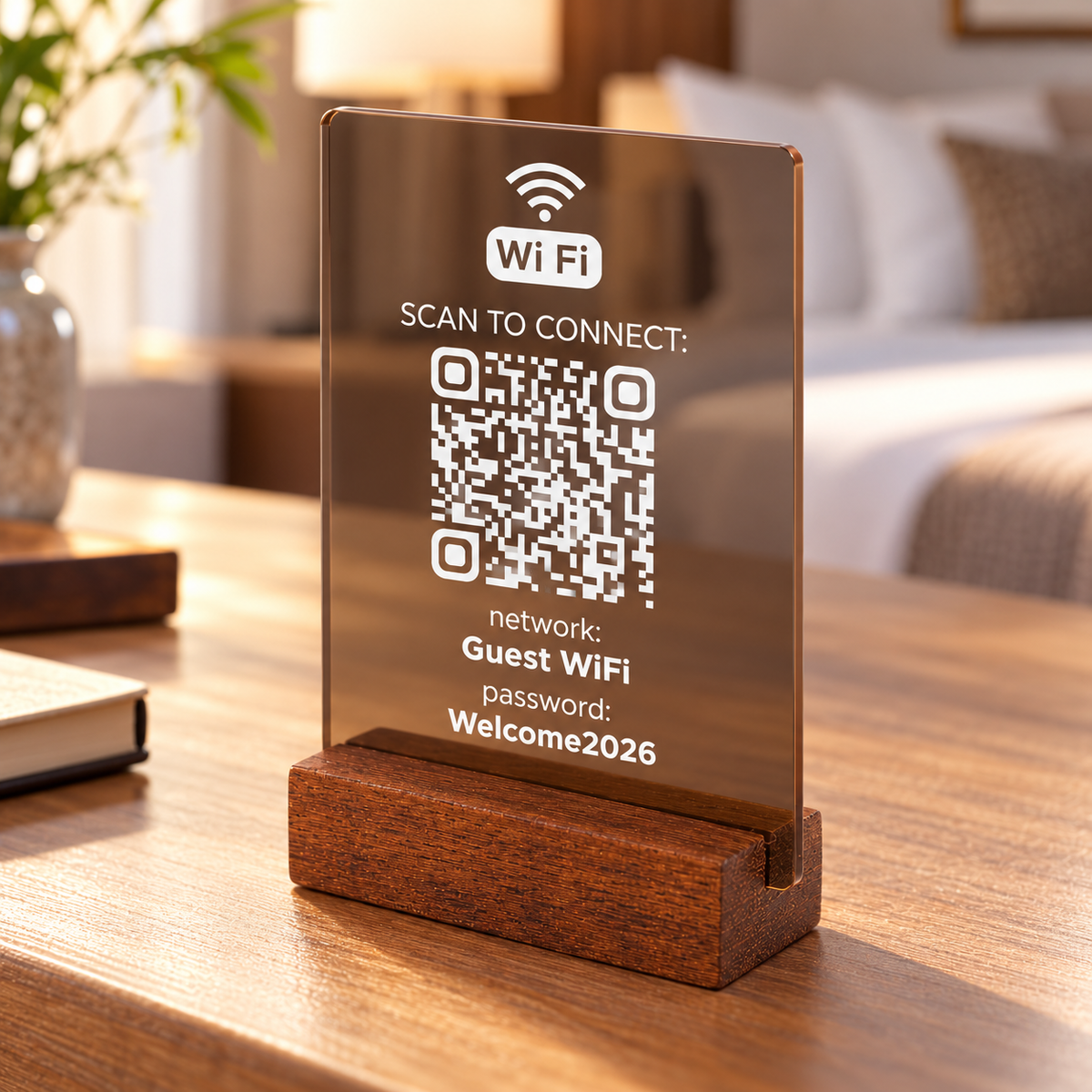Επιτραπέζιο Wi-Fi QR stand με ξύλινη βάση