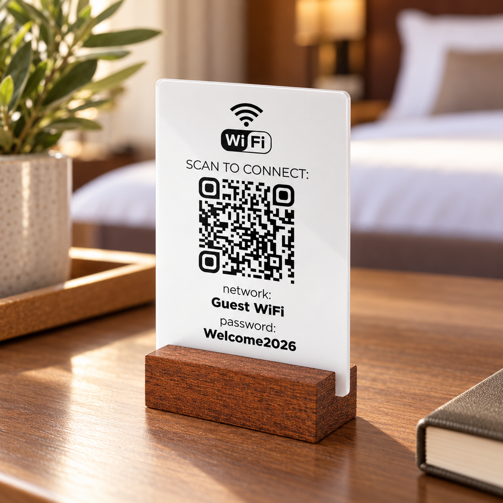 Επιτραπέζιο Wi-Fi QR stand με ξύλινη βάση